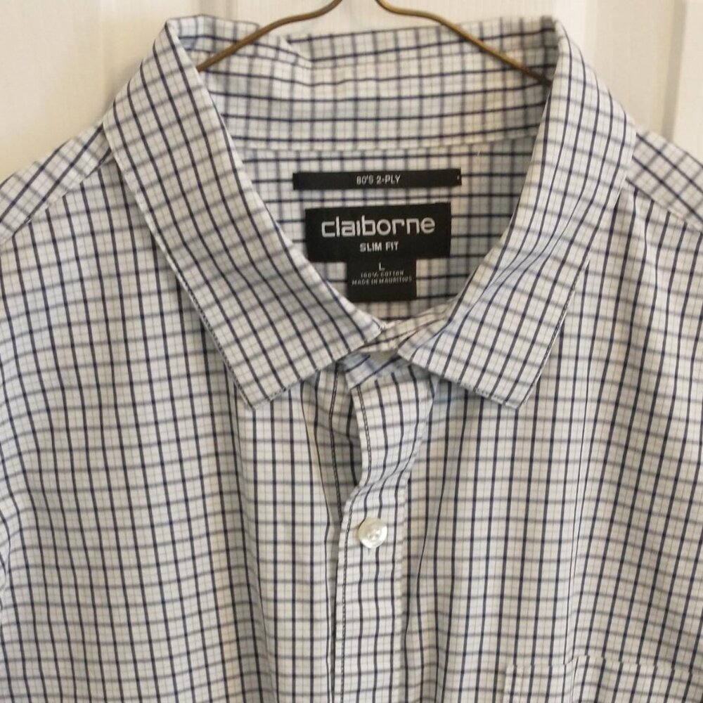 Claiborne Long Sleeve Button Up Men's Shirt, Size Large (Slim), White/Blue - Picture 2 of 6